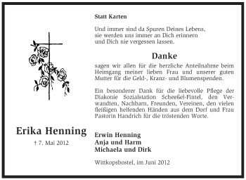 Traueranzeige von Erika Henning von KREISZEITUNG SYKE