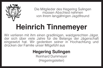 Traueranzeige von Heinrich Tinnemeyer von KREISZEITUNG SYKE