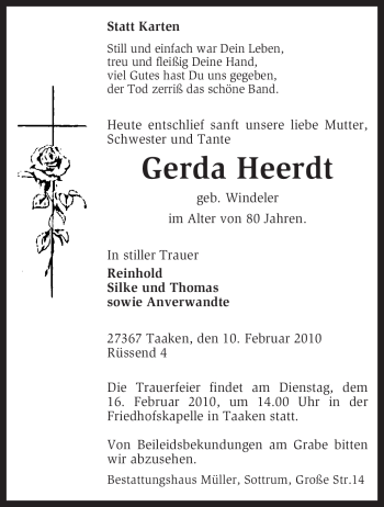 Traueranzeige von Gerda Heerdt von KREISZEITUNG SYKE