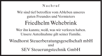 Traueranzeige von Friedhelm Wehebrink von KREISZEITUNG SYKE