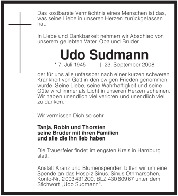 Traueranzeige von Udo Sudmann von KREISZEITUNG SYKE