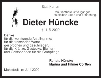 Traueranzeige von Dieter Hüncke von KREISZEITUNG SYKE