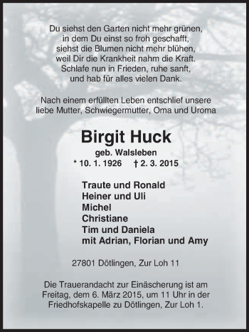 Traueranzeige von Birgit Huck von KRZ