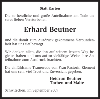 Traueranzeige von Erhard Beutner von KREISZEITUNG SYKE