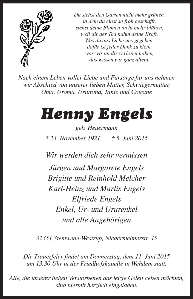  Traueranzeige für Henny Engels vom 08.06.2015 aus KRZ