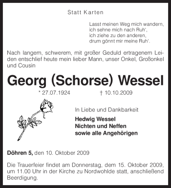 Traueranzeige von Georg Wessel von KREISZEITUNG SYKE