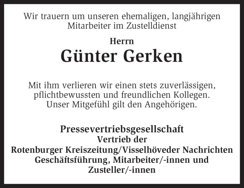  Traueranzeige für Günter Gerken vom 18.01.2011 aus KREISZEITUNG SYKE