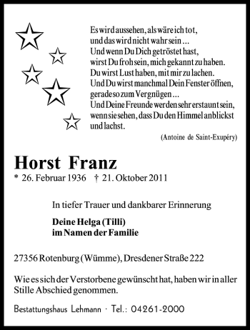 Traueranzeige von Horst Franz von KREISZEITUNG SYKE