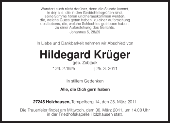 Traueranzeige von Hildegard Krüger von KREISZEITUNG SYKE