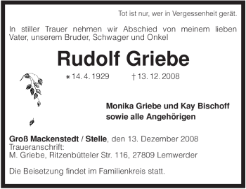 Traueranzeige von Rudolf Griebe von KREISZEITUNG SYKE