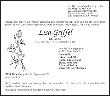 Traueranzeige von Lisa Griffel von KREISZEITUNG SYKE