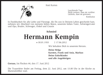 Traueranzeige von Hermann Kempin von KREISZEITUNG SYKE