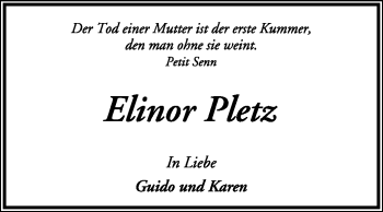 Traueranzeige von Elinor Pletz von KREISZEITUNG SYKE