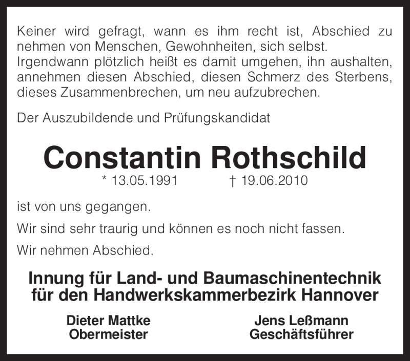  Traueranzeige für Constantin Rothschild vom 22.06.2010 aus KREISZEITUNG SYKE