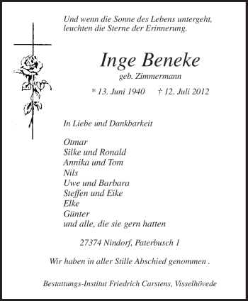 Traueranzeige von Inge Beneke von KREISZEITUNG SYKE