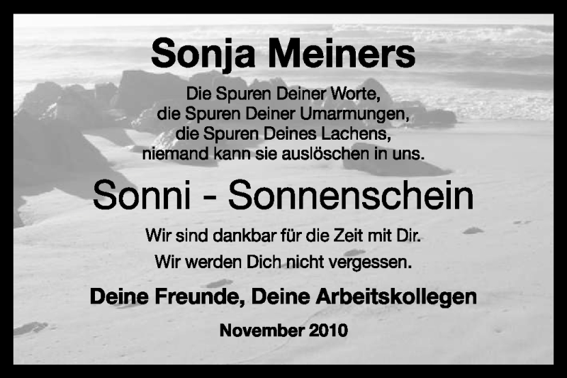  Traueranzeige für Sonja Meiners vom 13.11.2010 aus KREISZEITUNG SYKE