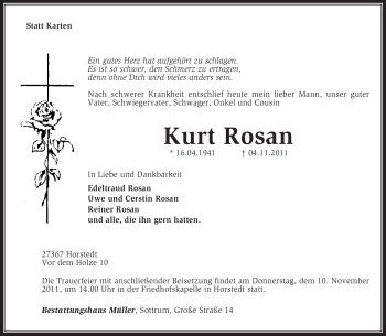 Traueranzeige von Kurt Rosan von KREISZEITUNG SYKE