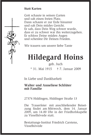 Traueranzeige von Hildegard Hoins von KREISZEITUNG SYKE