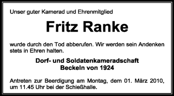 Traueranzeige von Fritz Ranke von KREISZEITUNG SYKE