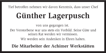 Traueranzeige von Günther Lagerpusch von KRZ