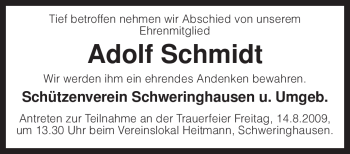 Traueranzeige von Adolf Schmidt von KREISZEITUNG SYKE