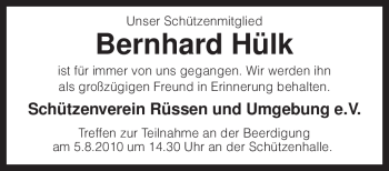 Traueranzeige von Bernhard Hülk von KREISZEITUNG SYKE