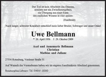 Traueranzeige von Uwe Bellmann von KREISZEITUNG SYKE