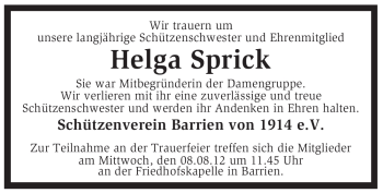 Traueranzeige von Helga Sprick von KREISZEITUNG SYKE