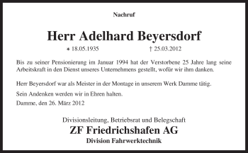 Traueranzeige von Adelhard Beyersdorf von KREISZEITUNG SYKE