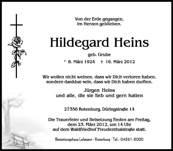 Traueranzeige von Hildegard Heins von KREISZEITUNG SYKE