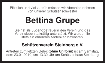 Traueranzeige von Bettina Grupe von KREISZEITUNG SYKE