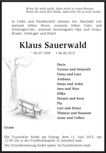 Traueranzeige von Klaus Sauerwald von KRZ