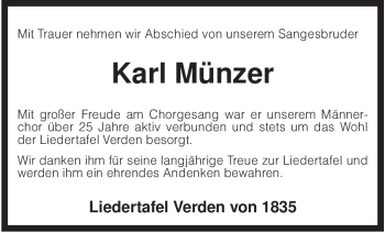 Traueranzeige von Karl Münzer von KREISZEITUNG SYKE