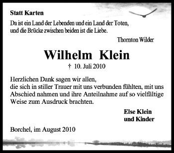 Traueranzeige von Wilhelm Klein von KREISZEITUNG SYKE