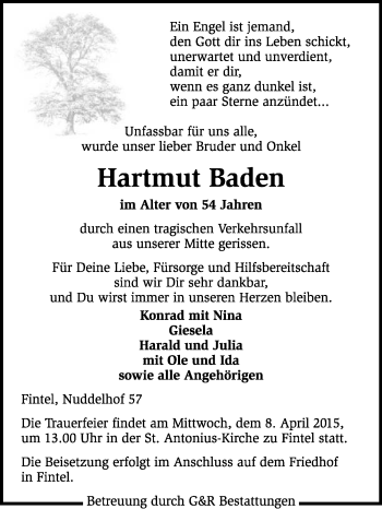 Traueranzeige von Hartmut Baden von KRZ