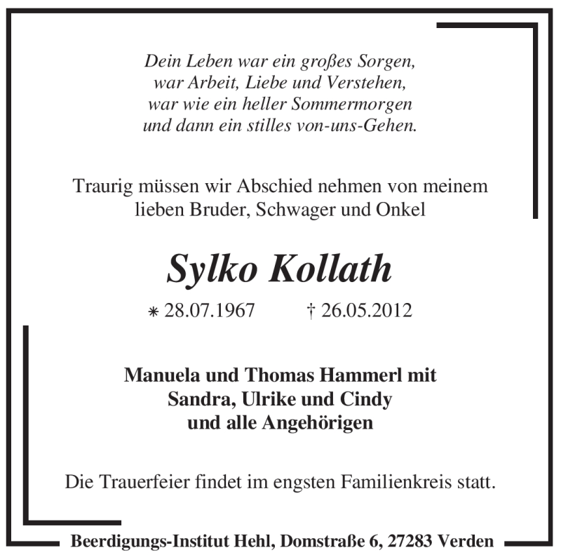  Traueranzeige für Sylko Kollath vom 02.06.2012 aus KREISZEITUNG SYKE