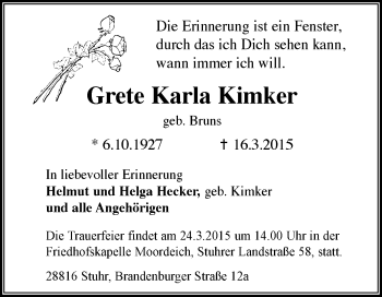 Traueranzeige von Grete Karla Kimker von KRZ