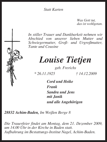 Traueranzeige von Louise Tietjen von KREISZEITUNG SYKE
