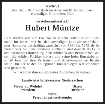 Traueranzeige von Hubert Müntze von KREISZEITUNG SYKE