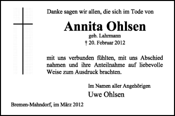 Traueranzeige von Annita Ohlsen von KREISZEITUNG SYKE