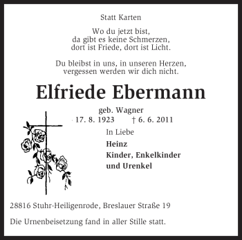 Traueranzeige von Elfriede Ebermann von KREISZEITUNG SYKE