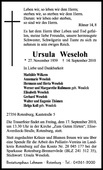 Traueranzeige von Ursula Weseloh von KREISZEITUNG SYKE