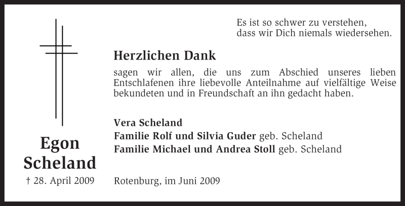  Traueranzeige für Egon Scheland vom 06.06.2009 aus KREISZEITUNG SYKE