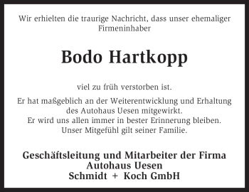 Traueranzeige von Bodo Hartkopp von KREISZEITUNG SYKE