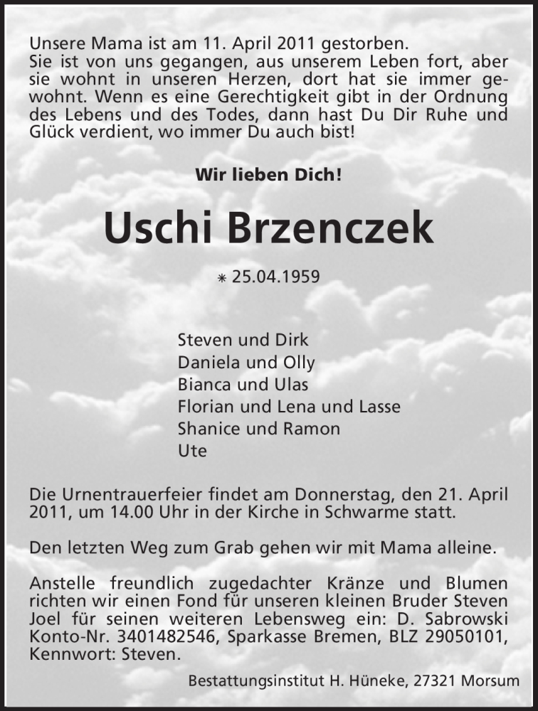  Traueranzeige für Uschi Brzenczek vom 18.04.2011 aus KREISZEITUNG SYKE