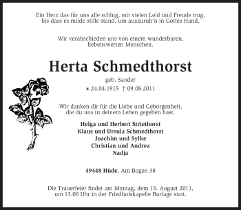 Traueranzeige von Herta Schmedthorst von KREISZEITUNG SYKE