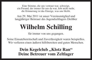 Traueranzeige von Wilhelm Schilling von KREISZEITUNG SYKE