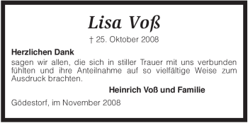 Traueranzeige von Lisa Voß von KREISZEITUNG SYKE