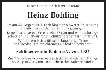 Traueranzeige von Heinz Bohling von KREISZEITUNG SYKE