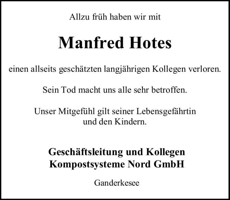  Traueranzeige für Manfred Hotes vom 15.08.2009 aus 